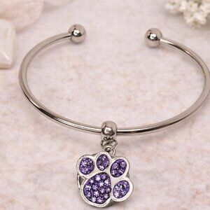 Silver Paw Print Rhinestone Snap Charm Cuff Bracelet